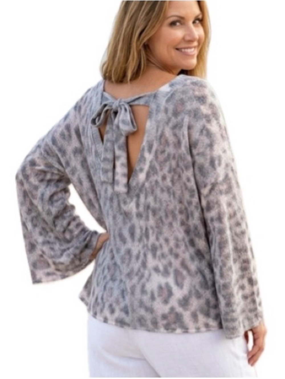 POL Leopard Print Knitted V-Neck Slouchy Tie Back Oversized Sweater Size S